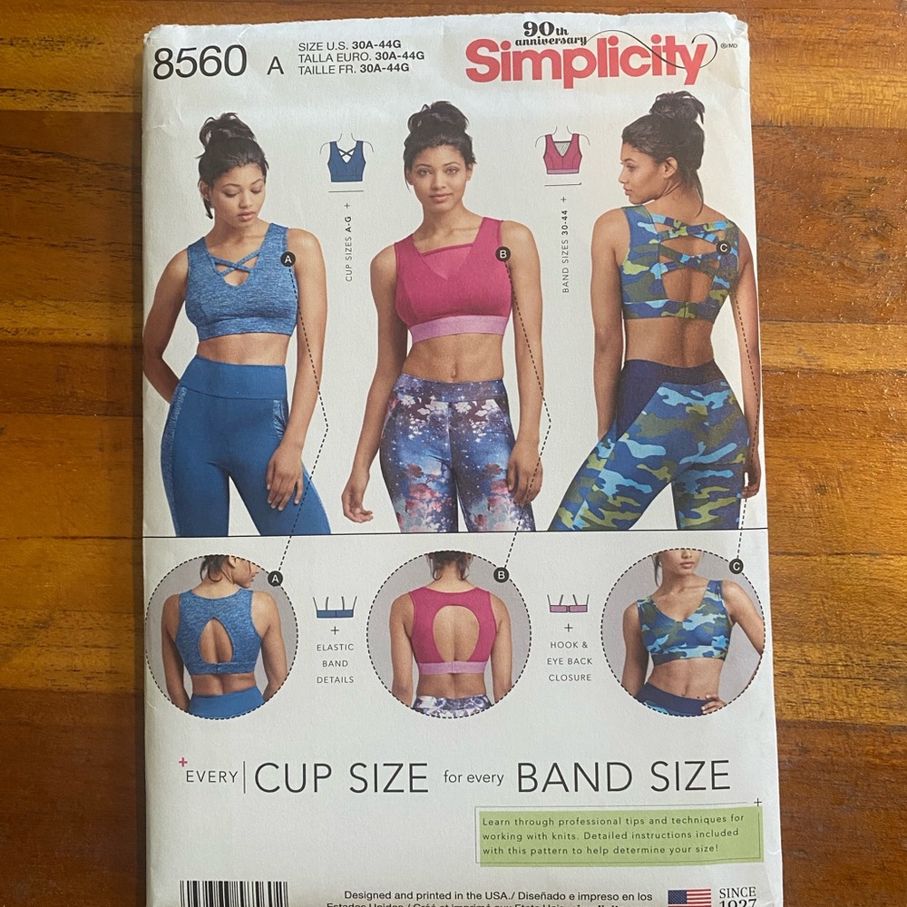 Simplicity Sewing Pattern #8560 Ladies sport Bra New and uncut All cup sizes A-G
